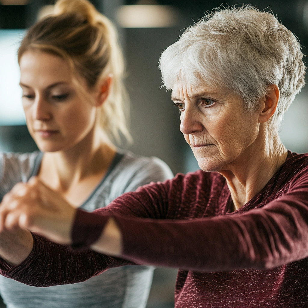 Професійний інструктор допомагає літній жінці правильно виконувати вправу