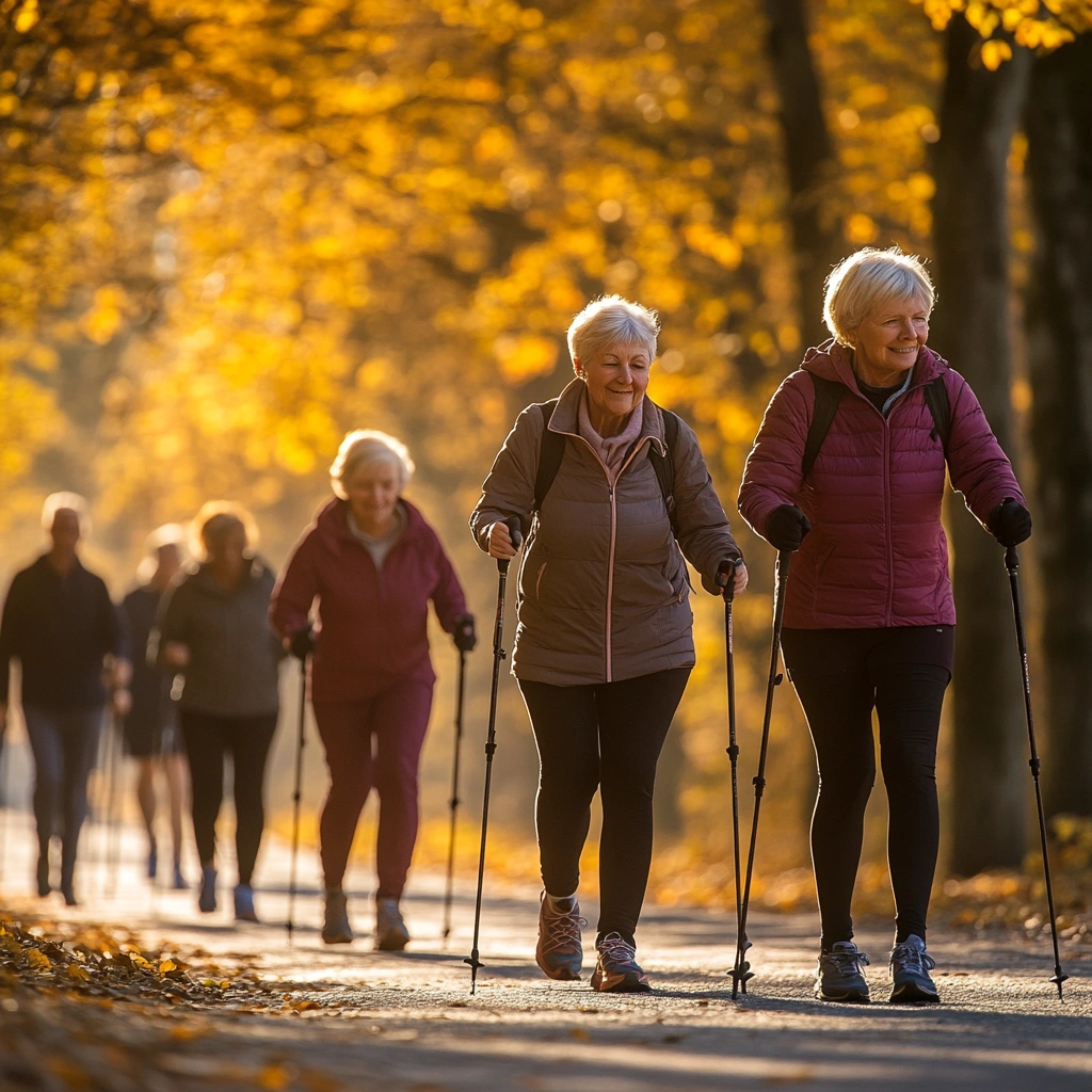 Група активних пенсіонерів займається скандинавською ходьбою в парку