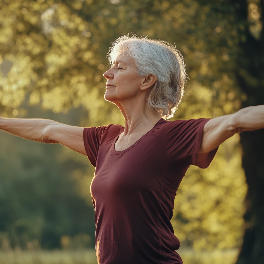 Літня жінка практикує йогу на природі, демонструючи гнучкість та енергію