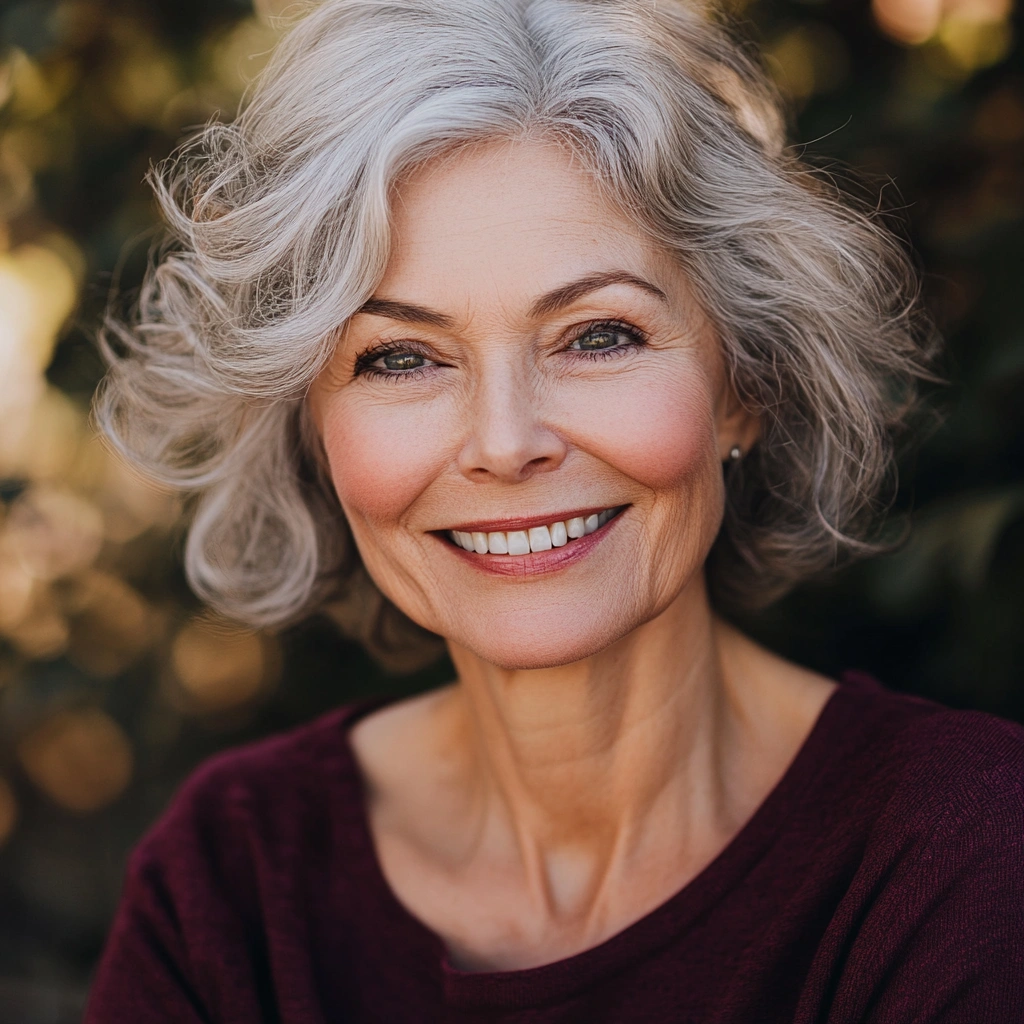 Усміхнена літня жінка з сивим волоссям, яка ділиться своїм позитивним досвідом