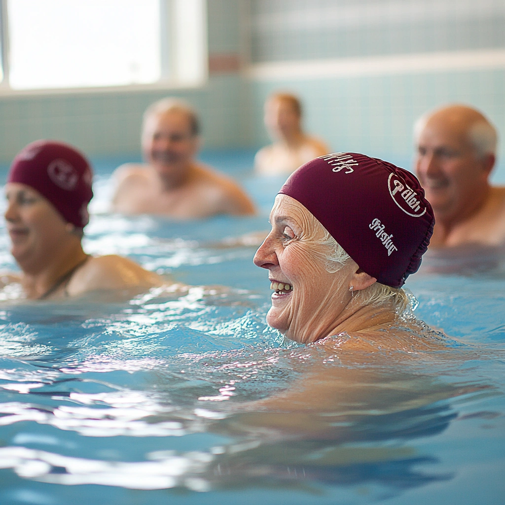 Літні люди виконують вправи у басейні під наглядом інструктора